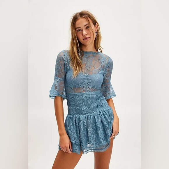 Free People Dresses & Skirts - NWOT Free People Lala Lace Sheer Reversible V-Neck Mini Dress in Baby Denim Sz M